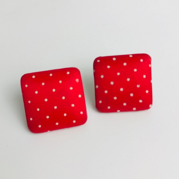 Vintage Square Earrings 80s 90s Polka Dot Red VTG - Picture 2 of 4